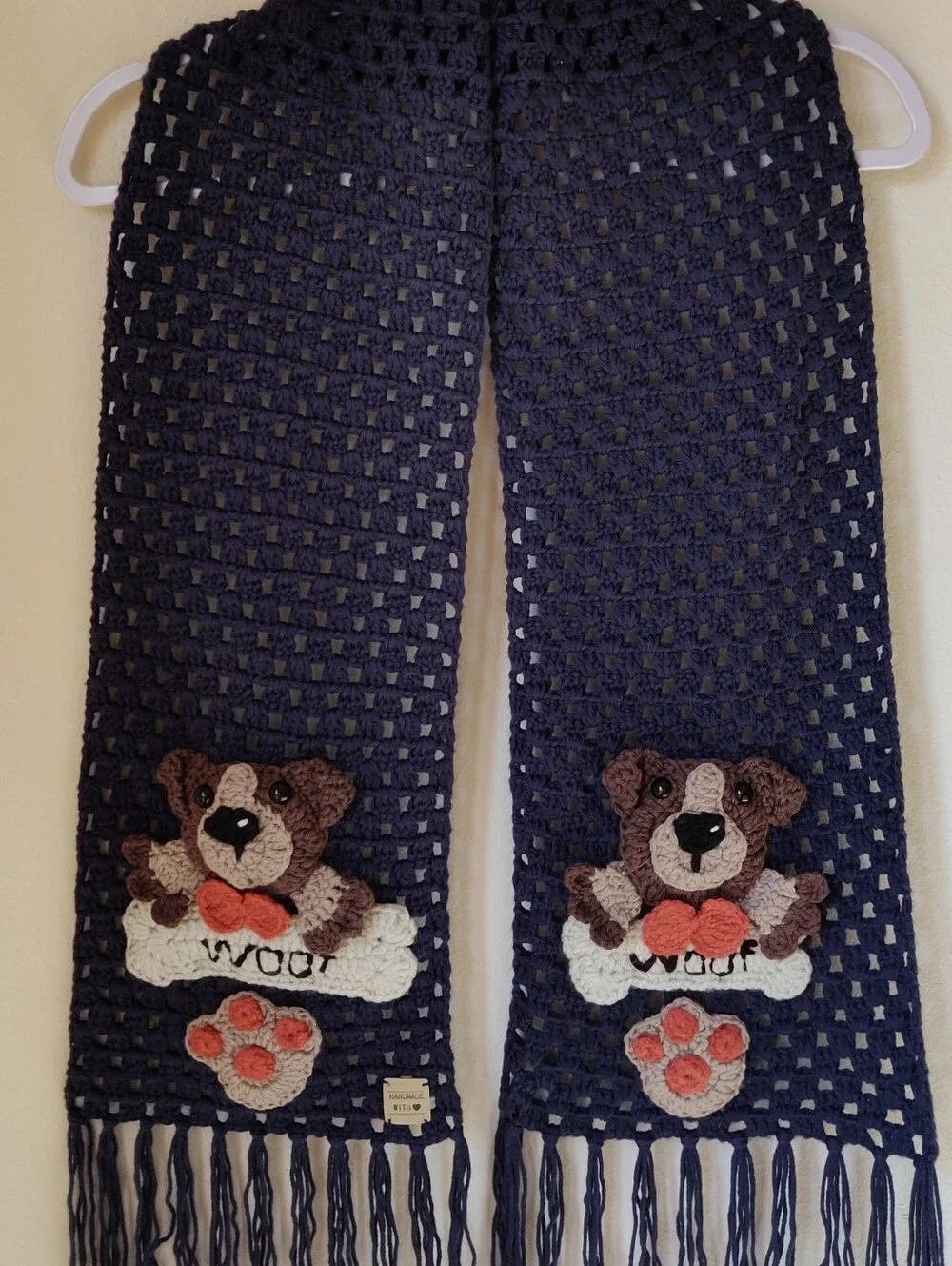 Handmade Crochet Dog Scarf - Navy with Dog Applique - 100% Cotton